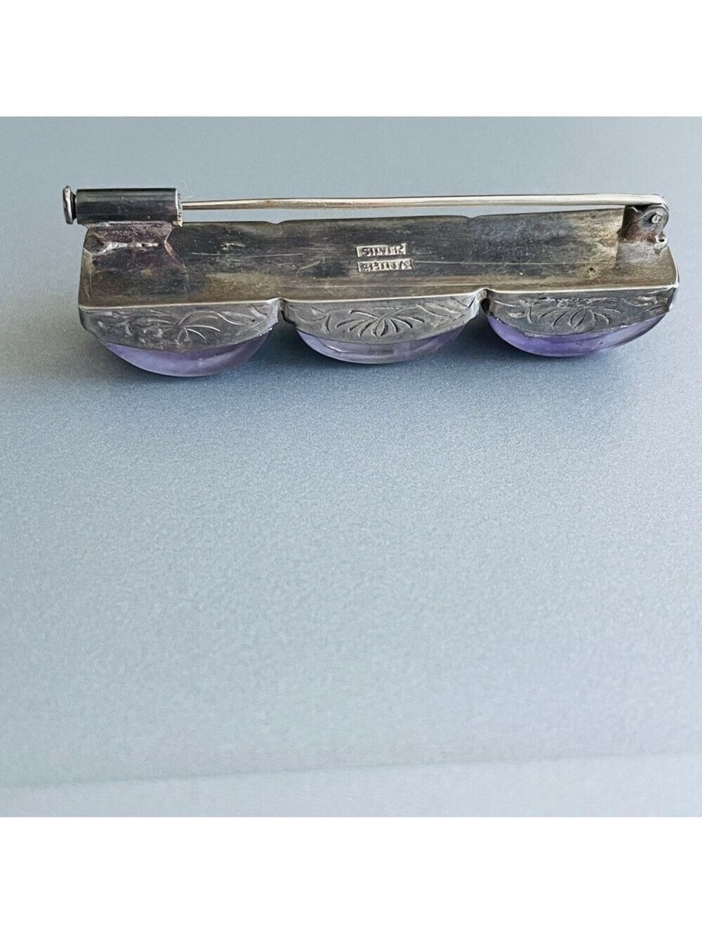 🎉Sold🎉 Antique Chinese Carved Amethyst Sterling Ribbed Rectangle Pin Brooch - Picture 5 of 13
